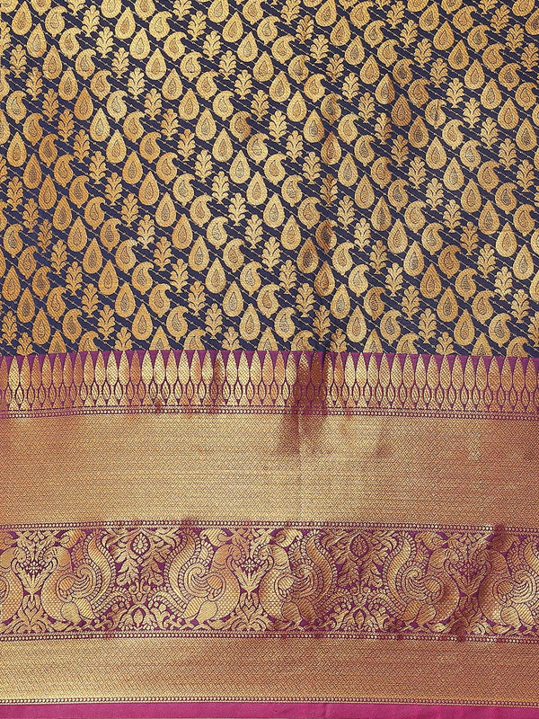 Navy Blue Brocade Woven Zari Design Paisely Saree with Unstitched Blouse - Hiral Fashion | Swadesiicart