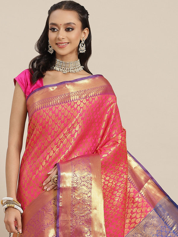 Pink Brocade Woven Zari Design Paisely Saree with Unstitched Blouse - Hiral Fashion | Swadesiicart