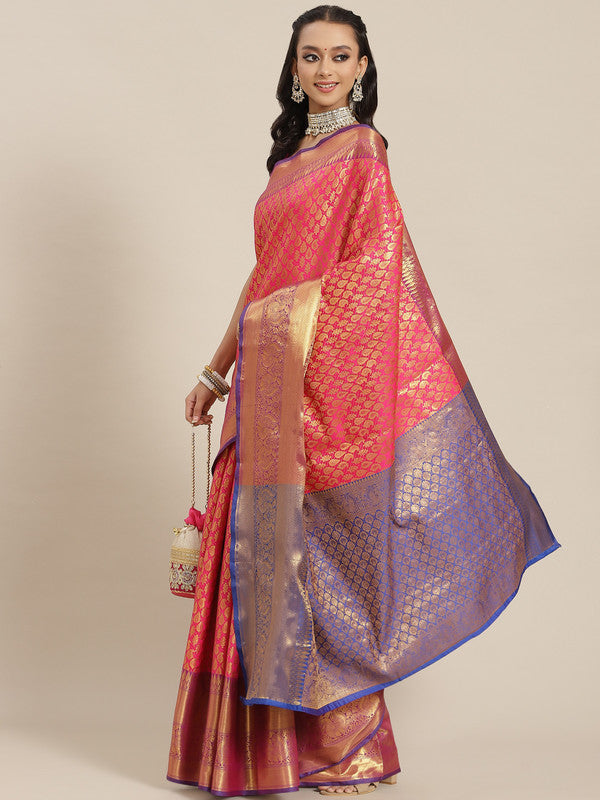Pink Brocade Woven Zari Design Paisely Saree with Unstitched Blouse - Hiral Fashion | Swadesiicart