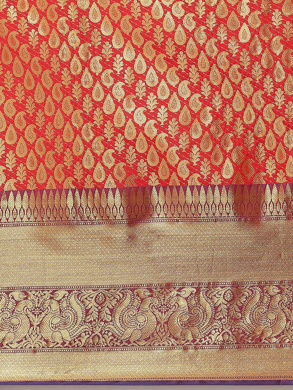 Red Brocade Woven Zari Design Paisely Saree with Unstitched Blouse - Hiral Fashion | Swadesiicart