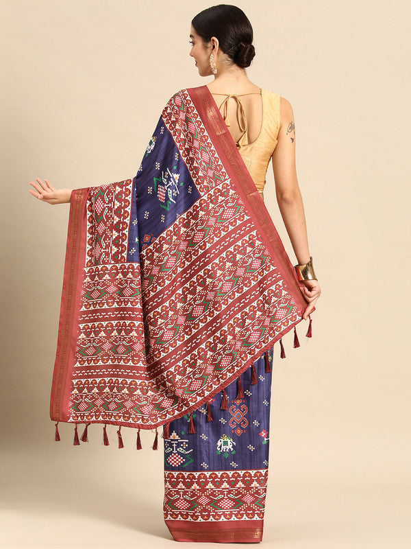 Navy Blue Silk Blend Digital Print Patola Saree with Unstitched Blouse - Hiral Fashion | Swadesiicart