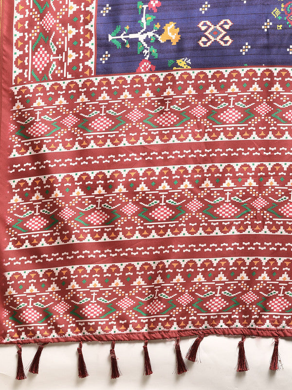 Navy Blue Silk Blend Digital Print Patola Saree with Unstitched Blouse - Hiral Fashion | Swadesiicart