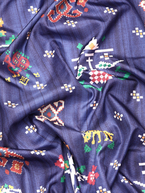 Navy Blue Silk Blend Digital Print Patola Saree with Unstitched Blouse - Hiral Fashion | Swadesiicart