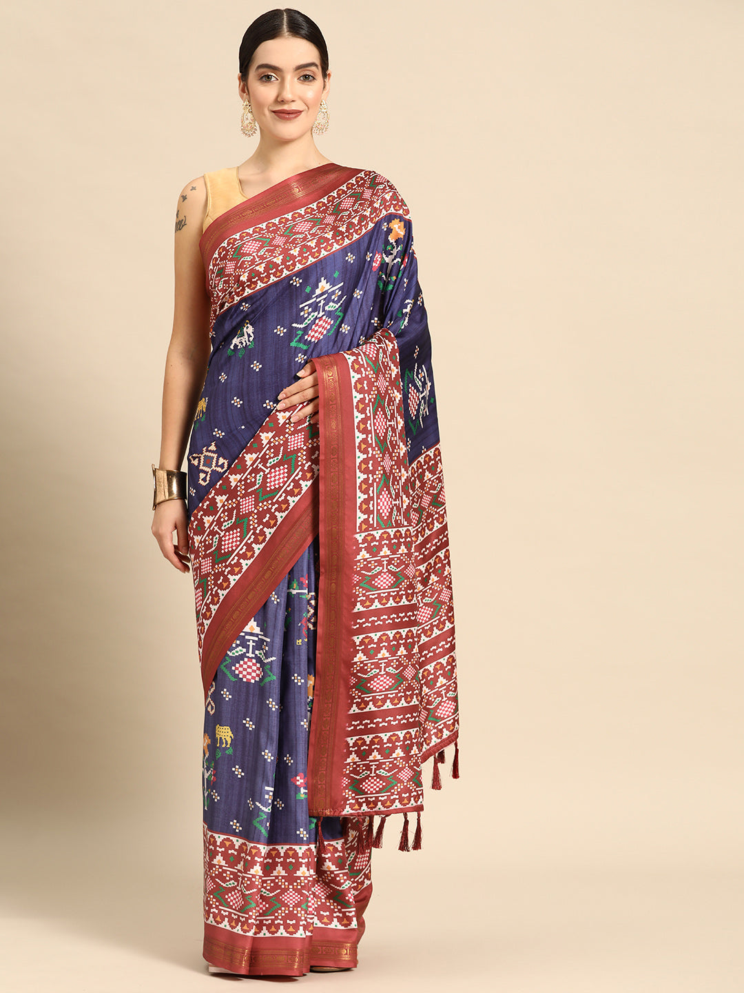 Navy Blue Silk Blend Digital Print Patola Saree with Unstitched Blouse - Hiral Fashion | Swadesiicart