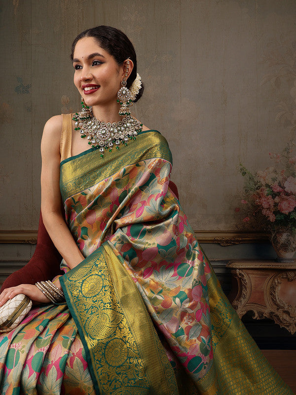 Multicolor Pure Silk Woven Zari Design Floral Saree with Unstitched Blouse - Hiral Fashion | Swadesiicart