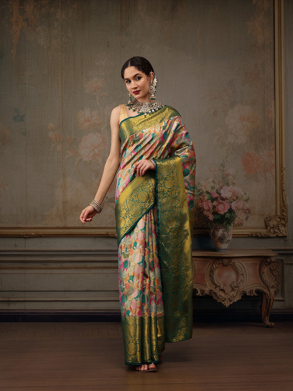 Multicolor Pure Silk Woven Zari Design Floral Saree with Unstitched Blouse - Hiral Fashion | Swadesiicart