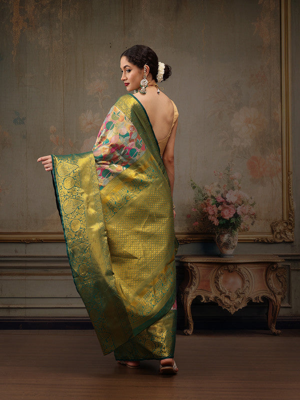 Multicolor Pure Silk Woven Zari Design Floral Saree with Unstitched Blouse - Hiral Fashion | Swadesiicart