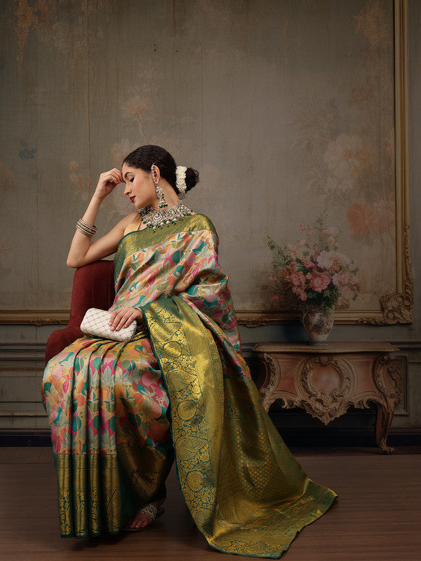 Multicolor Pure Silk Woven Zari Design Floral Saree with Unstitched Blouse - Hiral Fashion | Swadesiicart