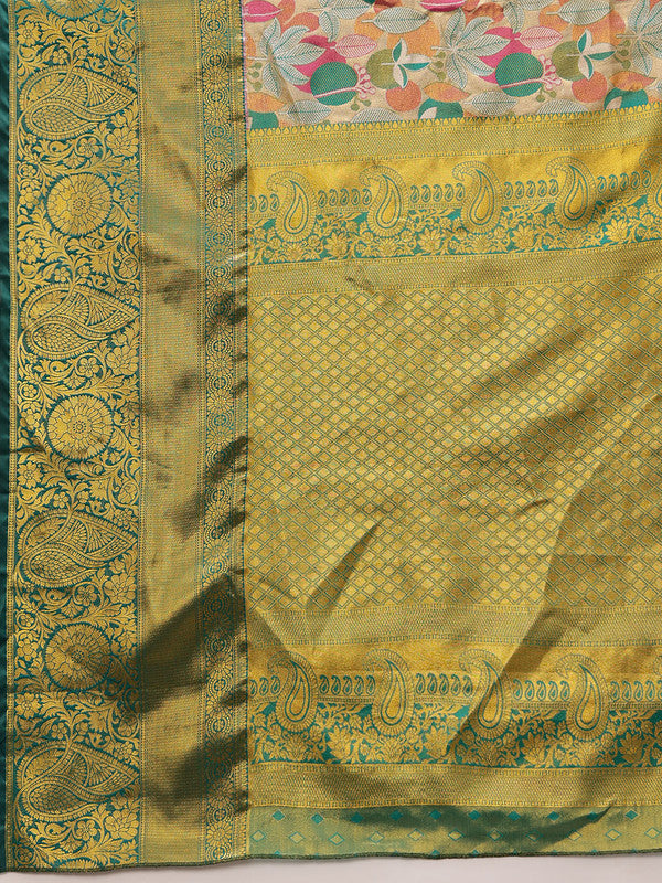 Multicolor Pure Silk Woven Zari Design Floral Saree with Unstitched Blouse - Hiral Fashion | Swadesiicart