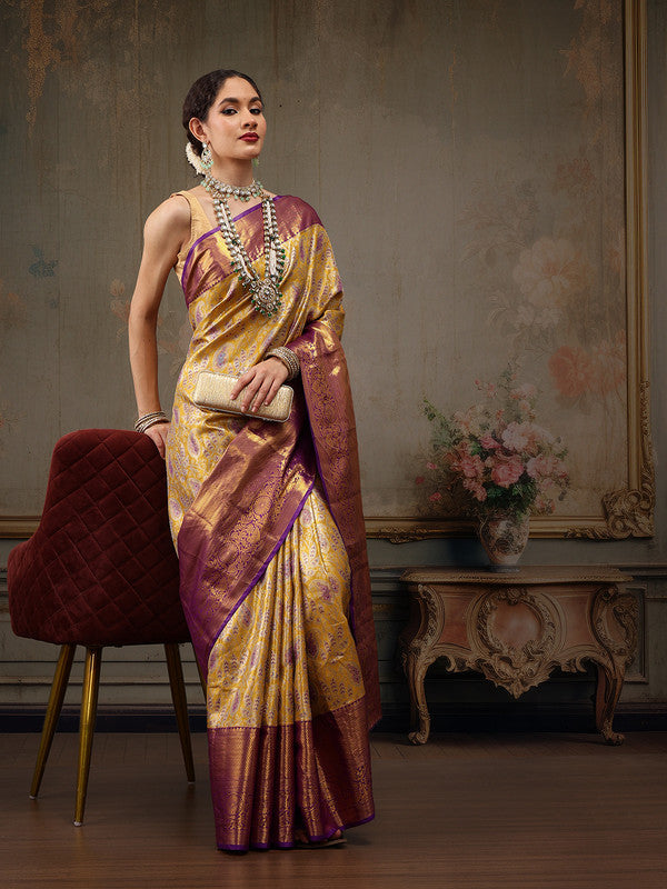 Mustard Pure Silk Woven Zari Design Floral Saree with Unstitched Blouse - Hiral Fashion | Swadesiicart