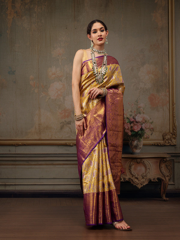 Mustard Pure Silk Woven Zari Design Floral Saree with Unstitched Blouse - Hiral Fashion | Swadesiicart