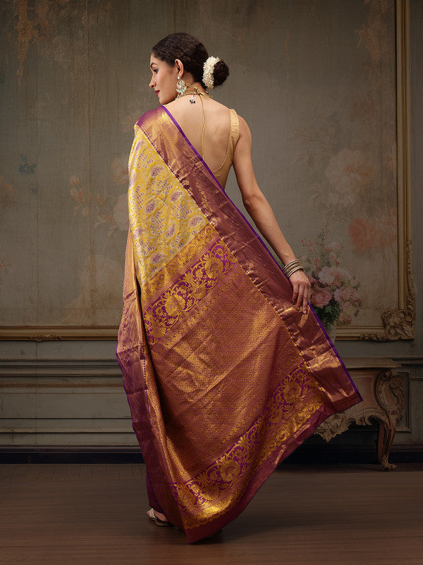 Mustard Pure Silk Woven Zari Design Floral Saree with Unstitched Blouse - Hiral Fashion | Swadesiicart