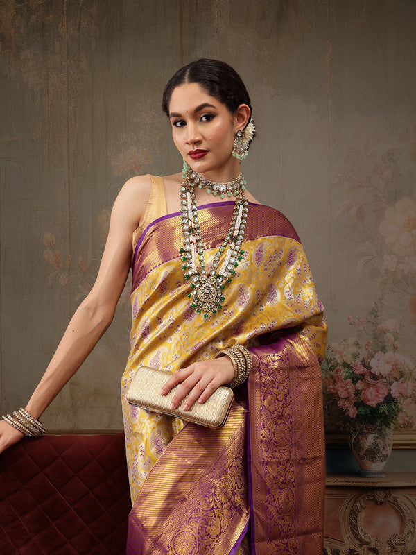 Mustard Pure Silk Woven Zari Design Floral Saree with Unstitched Blouse - Hiral Fashion | Swadesiicart