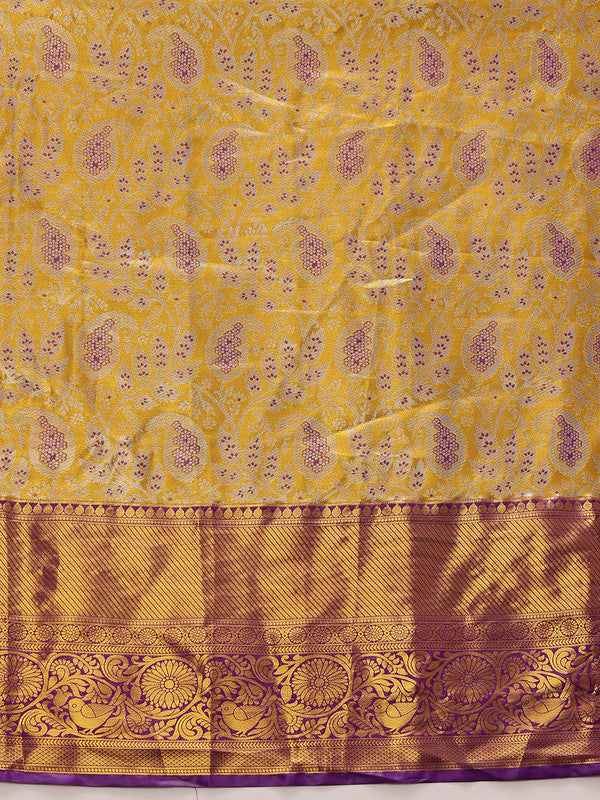 Mustard Pure Silk Woven Zari Design Floral Saree with Unstitched Blouse - Hiral Fashion | Swadesiicart