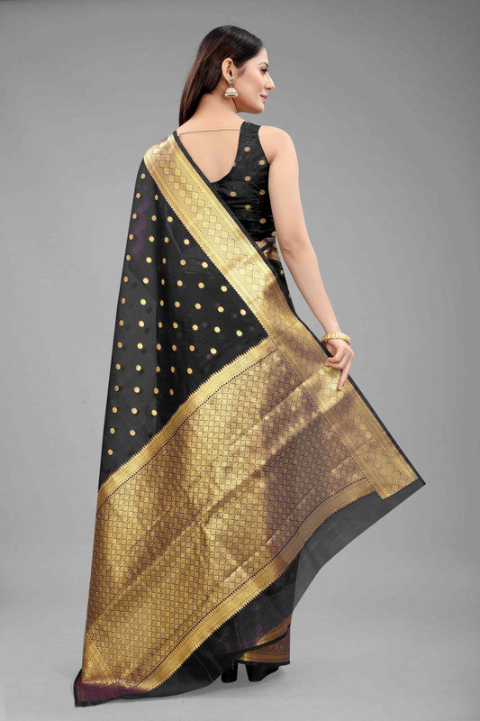 Black Pure Silk Zari Woven Polka Dots Saree with Unstitched Blouse - Hiral Fashion | Swadesiicart