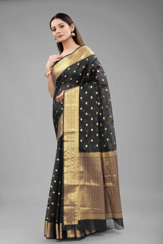 Black Pure Silk Zari Woven Polka Dots Saree with Unstitched Blouse - Hiral Fashion | Swadesiicart