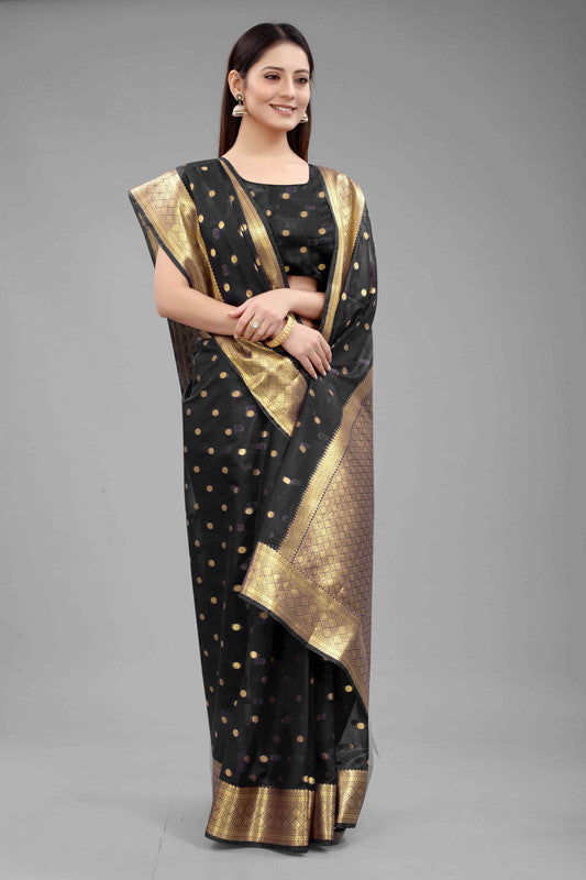 Black Pure Silk Zari Woven Polka Dots Saree with Unstitched Blouse - Hiral Fashion | Swadesiicart