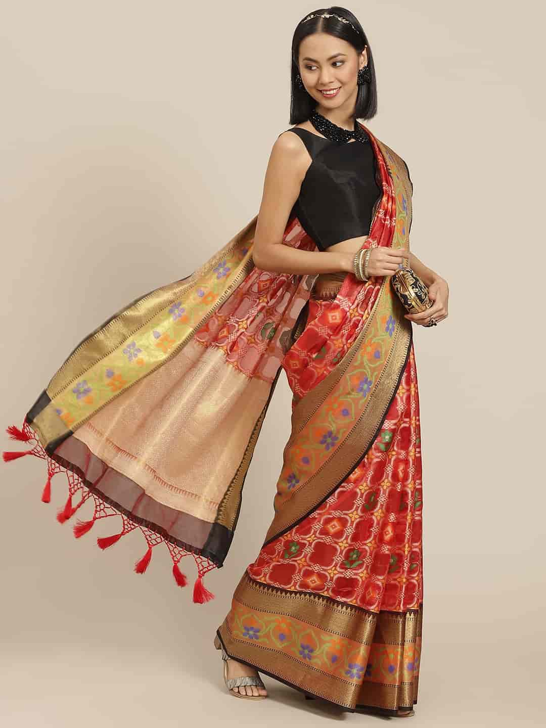 Hiral Fashion Red Ikat Art Silk Floral Woven Design Saree | Swadesiicart