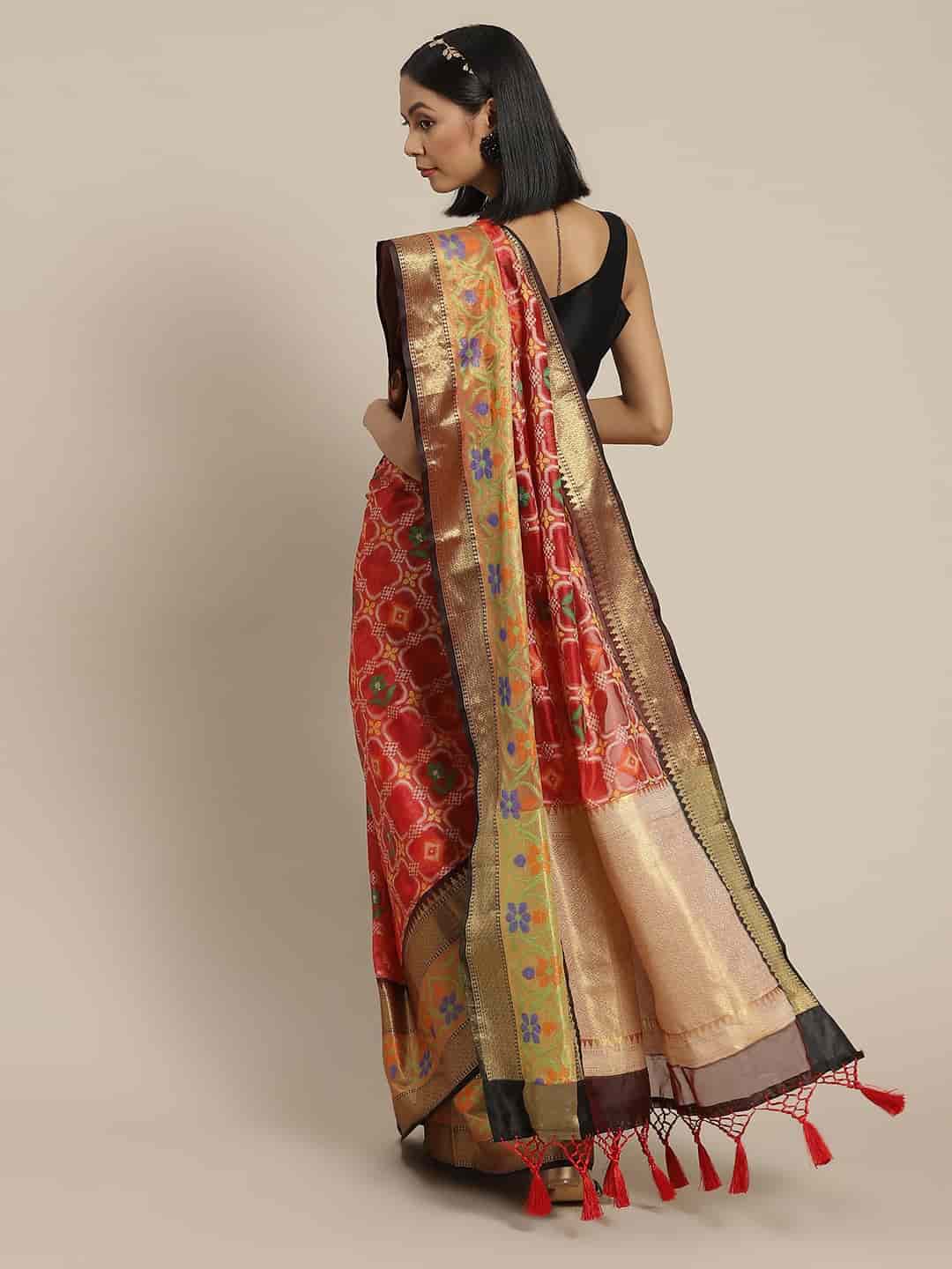 Hiral Fashion Red Ikat Art Silk Floral Woven Design Saree | Swadesiicart