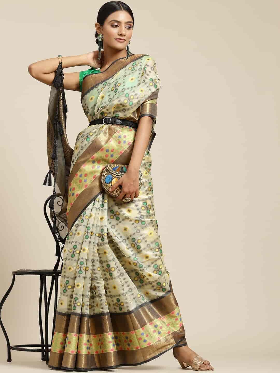 Hiral Fashion Beige Ikat Art Silk Geomatric Woven Design Saree | Swadesiicart
