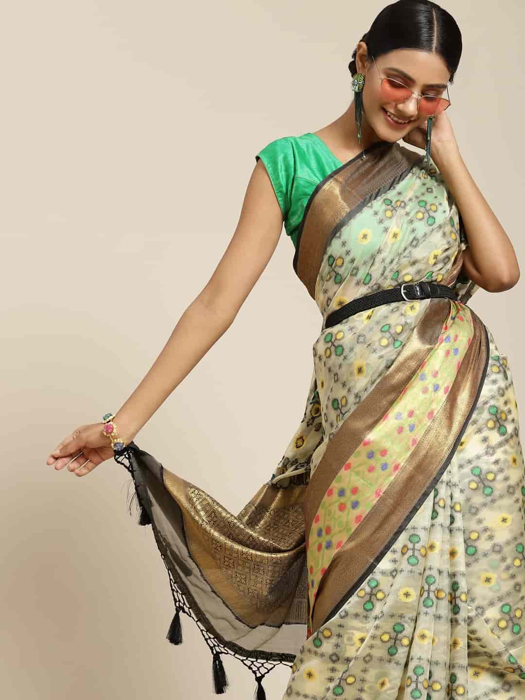 Hiral Fashion Beige Ikat Art Silk Geomatric Woven Design Saree | Swadesiicart