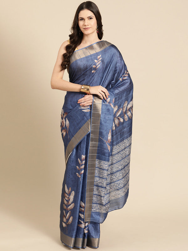 Blue Silk Blend Digital Print Floral Saree with Unstitched Blouse - Hiral Fashion | Swadesiicart