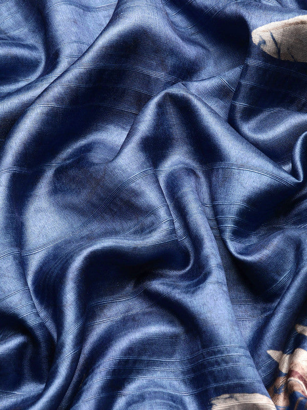 Blue Silk Blend Digital Print Floral Saree with Unstitched Blouse - Hiral Fashion | Swadesiicart