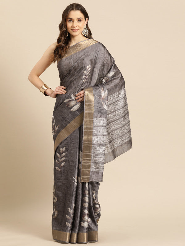 Brown Silk Blend Digital Print Floral Saree with Unstitched Blouse - Hiral Fashion | Swadesiicart
