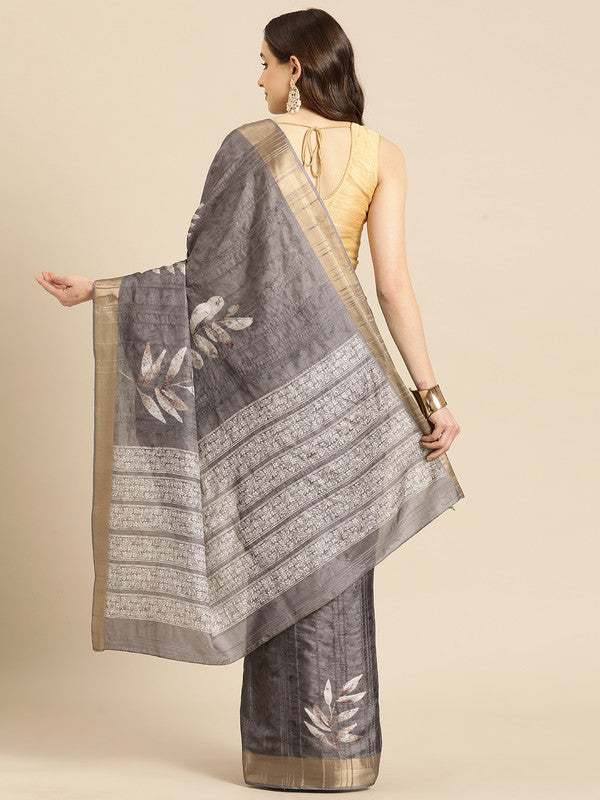 Brown Silk Blend Digital Print Floral Saree with Unstitched Blouse - Hiral Fashion | Swadesiicart