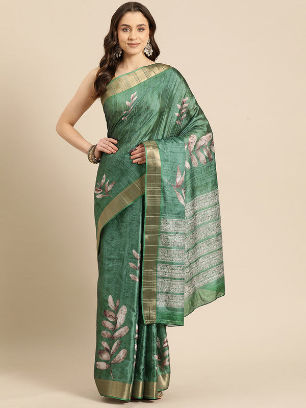 Green Silk Blend Digital Print Floral Saree with Unstitched Blouse - Hiral Fashion | Swadesiicart