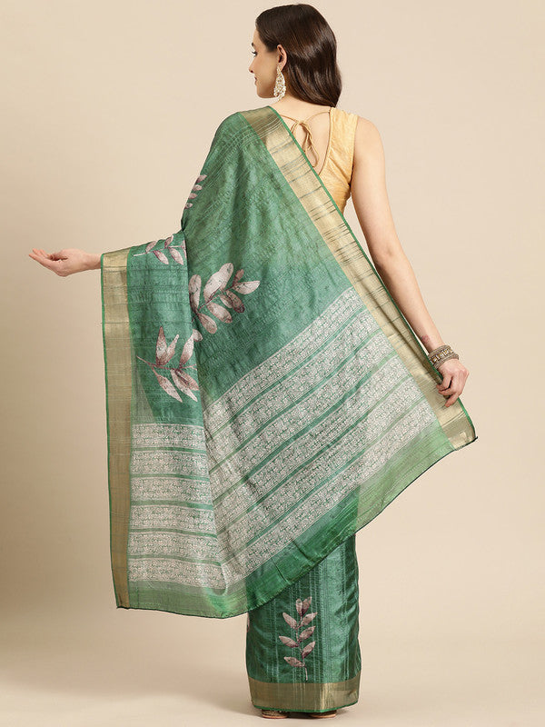 Green Silk Blend Digital Print Floral Saree with Unstitched Blouse - Hiral Fashion | Swadesiicart