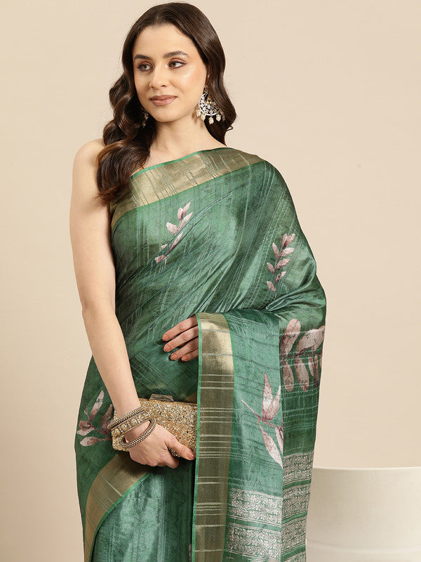 Green Silk Blend Digital Print Floral Saree with Unstitched Blouse - Hiral Fashion | Swadesiicart