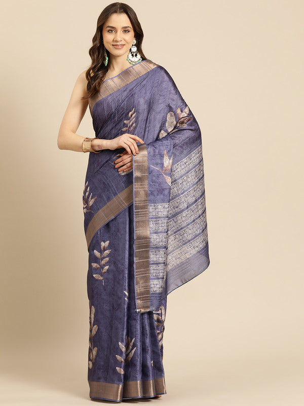 Royal Blue Silk Blend Digital Print Floral Saree with Unstitched Blouse - Hiral Fashion | Swadesiicart