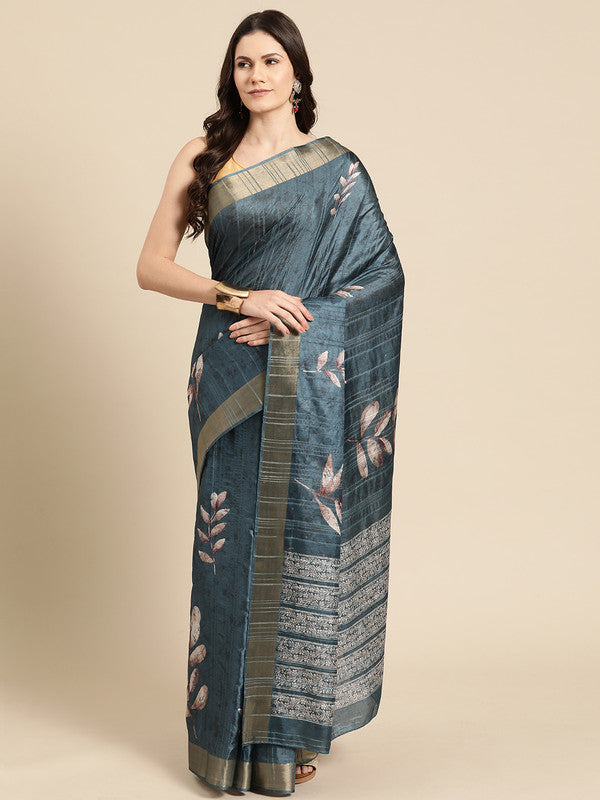 Turquoise Silk Blend Digital Print Floral Saree with Unstitched Blouse - Hiral Fashion | Swadesiicart