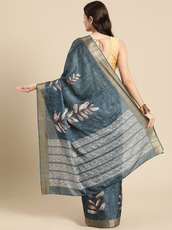 Turquoise Silk Blend Digital Print Floral Saree with Unstitched Blouse - Hiral Fashion | Swadesiicart