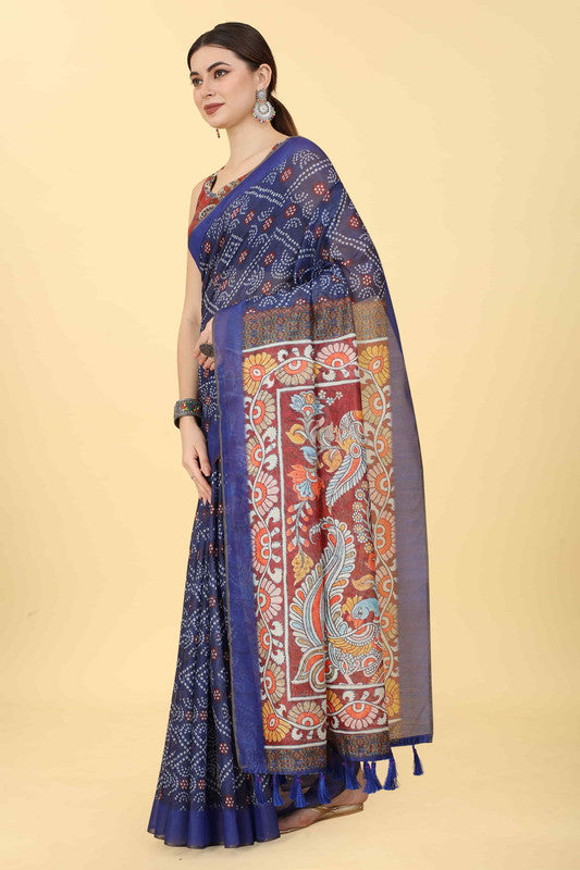 Blue Cotton Blend Printed Bandhani Saree with Unstitched Blouse - Hiral Fashion | Swadesiicart