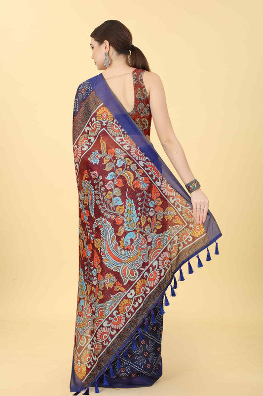 Blue Cotton Blend Printed Bandhani Saree with Unstitched Blouse - Hiral Fashion | Swadesiicart
