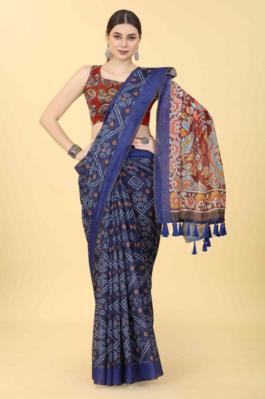 Blue Cotton Blend Printed Bandhani Saree with Unstitched Blouse - Hiral Fashion | Swadesiicart
