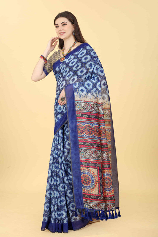 Blue Cotton Blend Printed Geomatric Saree with Unstitched Blouse - Hiral Fashion | Swadesiicart