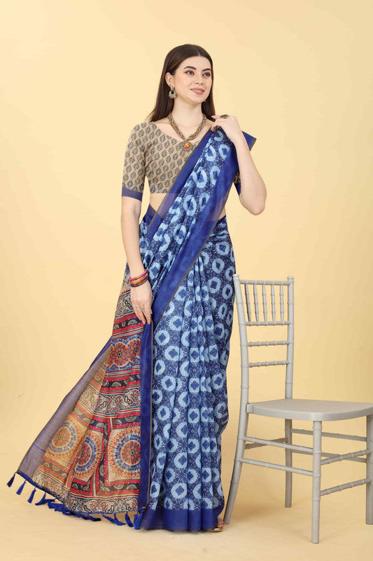 Blue Cotton Blend Printed Geomatric Saree with Unstitched Blouse - Hiral Fashion | Swadesiicart