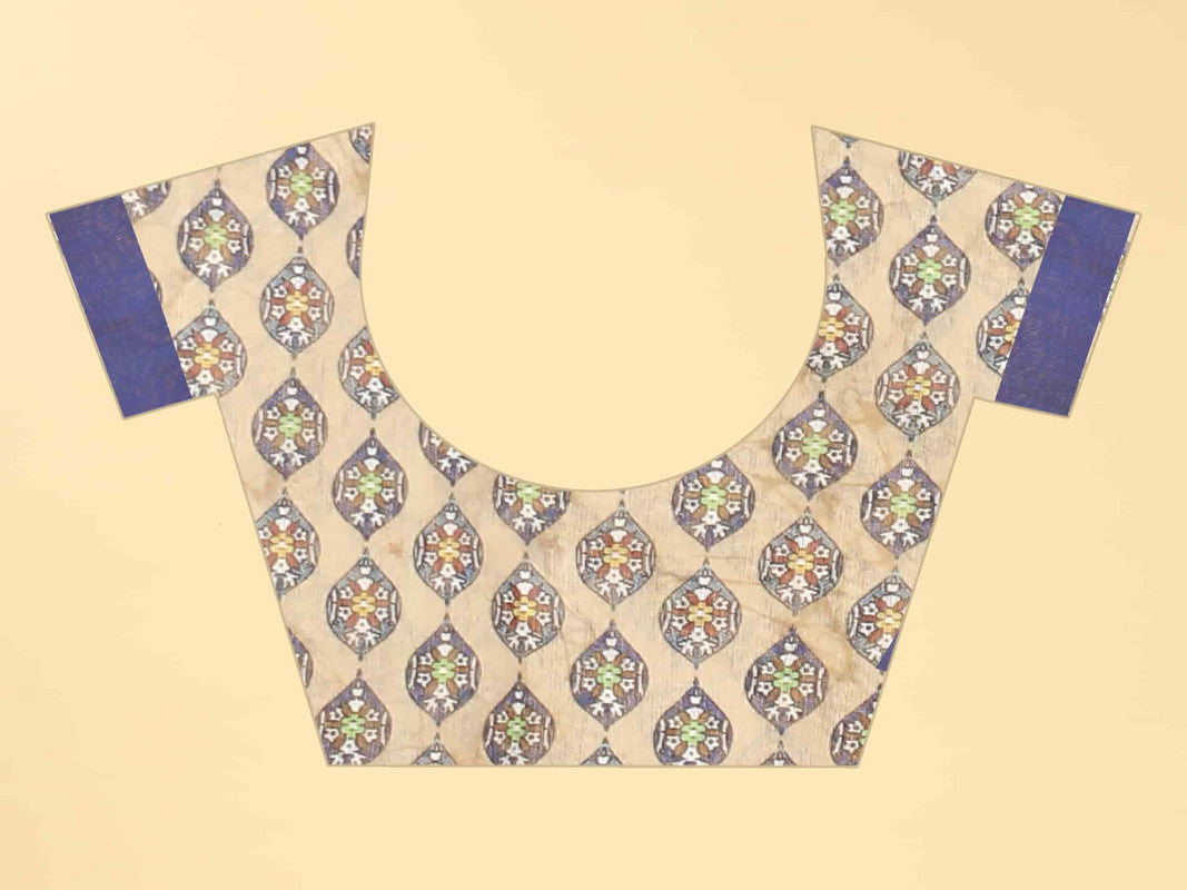 Blue Cotton Blend Printed Geomatric Saree with Unstitched Blouse - Hiral Fashion | Swadesiicart