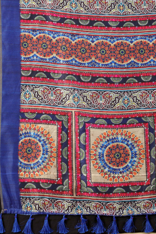 Blue Cotton Blend Printed Geomatric Saree with Unstitched Blouse - Hiral Fashion | Swadesiicart
