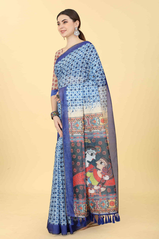Blue Cotton Blend Printed Geomatric Saree with Unstitched Blouse - Hiral Fashion | Swadesiicart