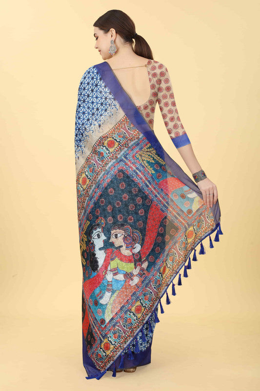 Blue Cotton Blend Printed Geomatric Saree with Unstitched Blouse - Hiral Fashion | Swadesiicart