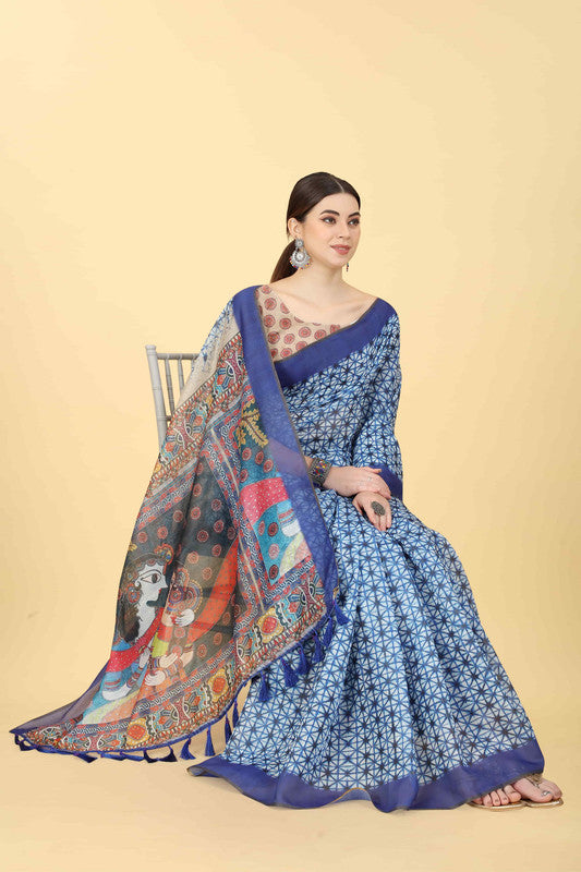 Blue Cotton Blend Printed Geomatric Saree with Unstitched Blouse - Hiral Fashion | Swadesiicart