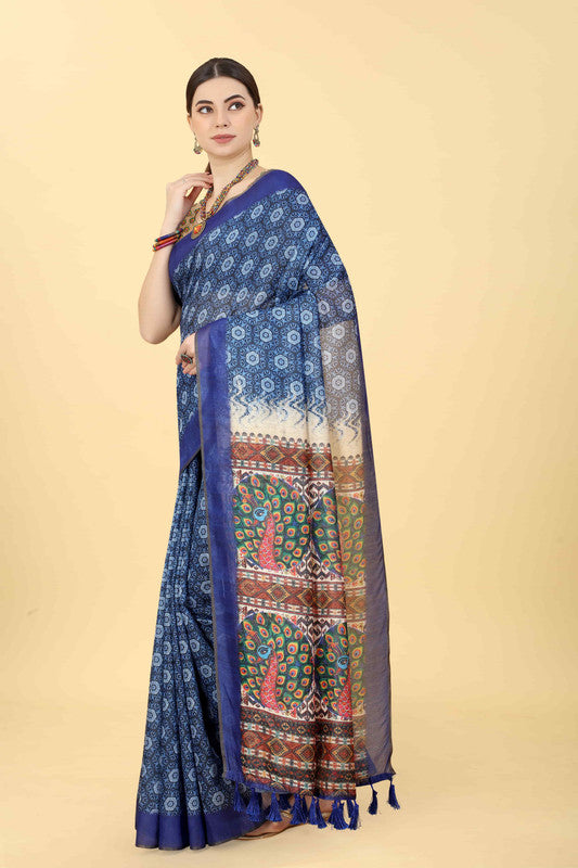 Blue Cotton Blend Printed Geomatric Saree with Unstitched Blouse - Hiral Fashion | Swadesiicart