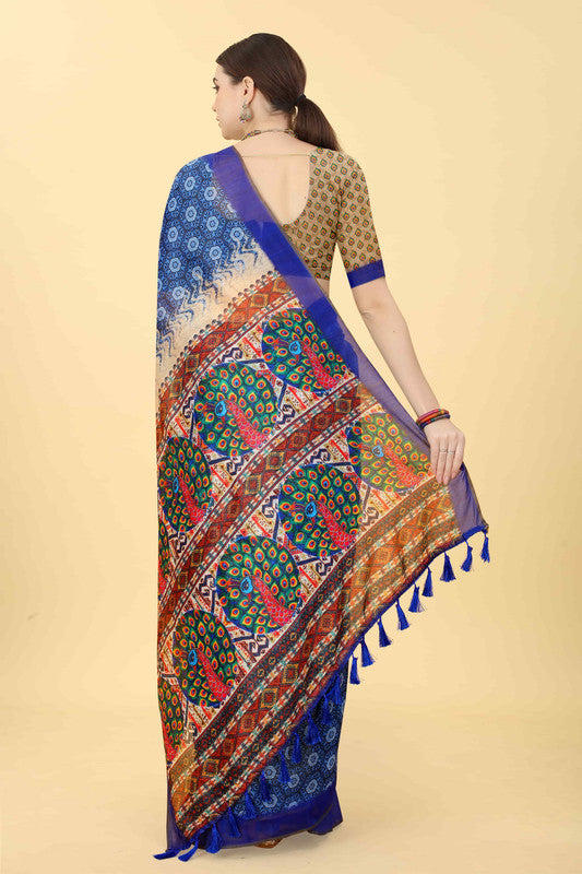 Blue Cotton Blend Printed Geomatric Saree with Unstitched Blouse - Hiral Fashion | Swadesiicart
