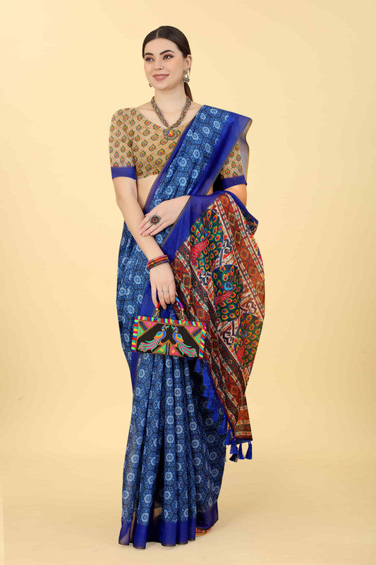 Blue Cotton Blend Printed Geomatric Saree with Unstitched Blouse - Hiral Fashion | Swadesiicart