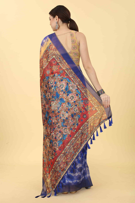 Blue Cotton Blend Printed Abstract Saree with Unstitched Blouse - Hiral Fashion | Swadesiicart