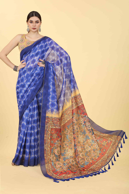 Blue Cotton Blend Printed Abstract Saree with Unstitched Blouse - Hiral Fashion | Swadesiicart